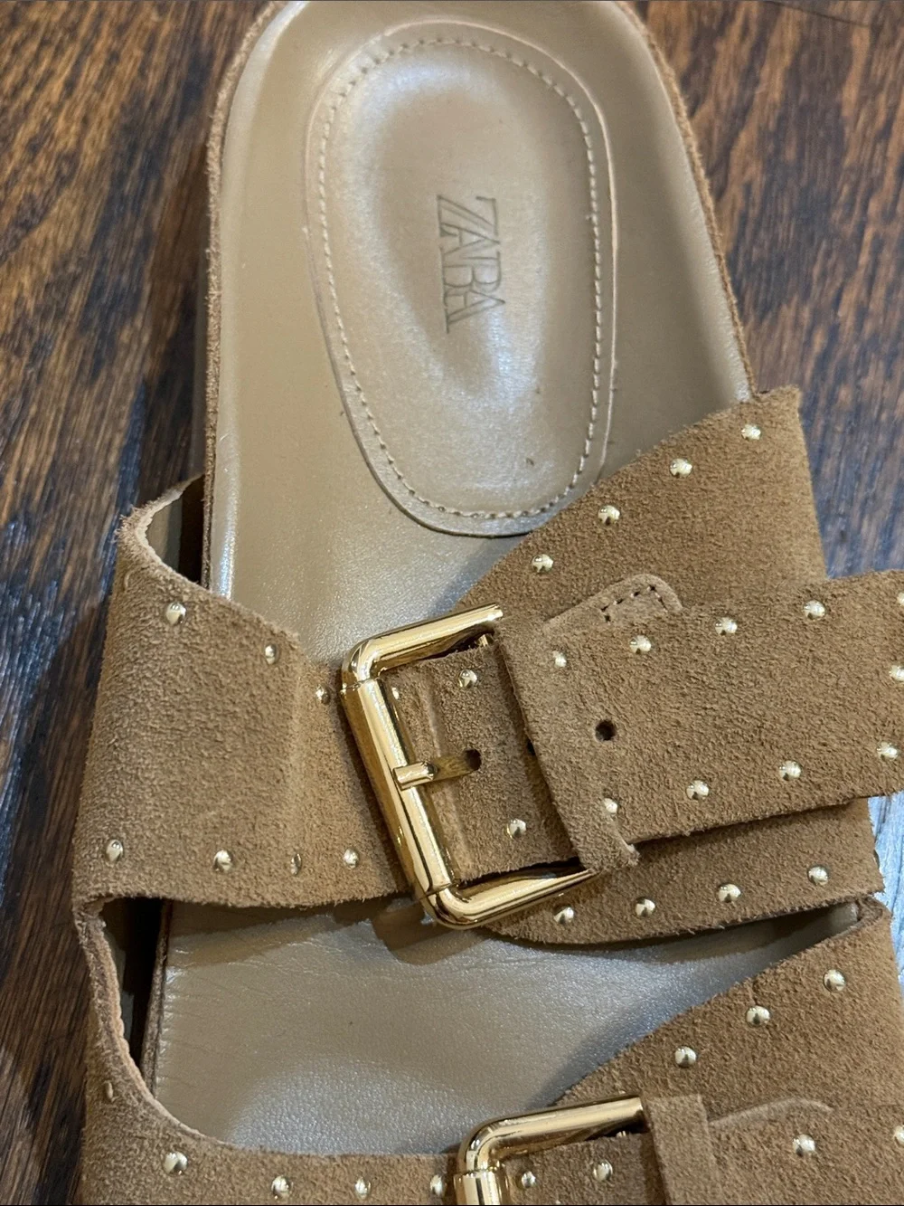 Zara Tan Suede Double Buckle Slide Sandals with Gold Hardware - Picture 4 of 10